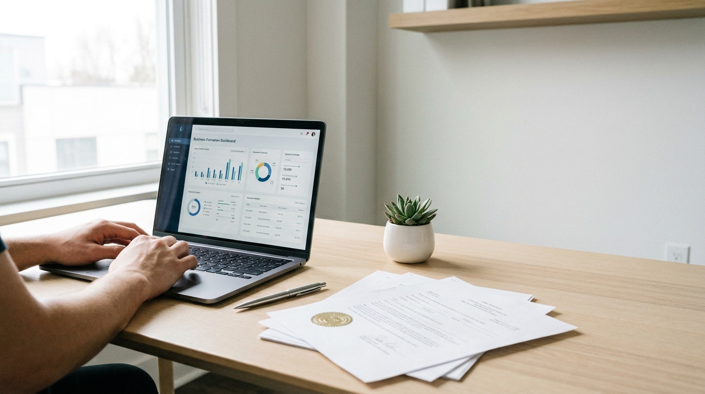 A modern desk setup with a laptop showing a business registration interface, alongside legal documents, ready for signing.