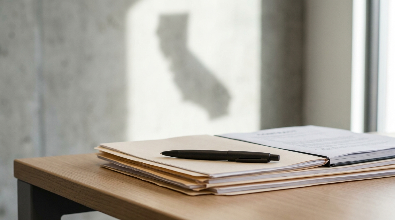 Close-up of LLC formation documents and a pen on a desk, with a subtle California map in the background.