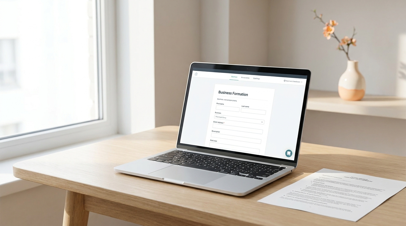 A modern desk with a laptop showing a business registration form, legal papers, and a Florida orange blossom, symbolizing business formation in Florida.