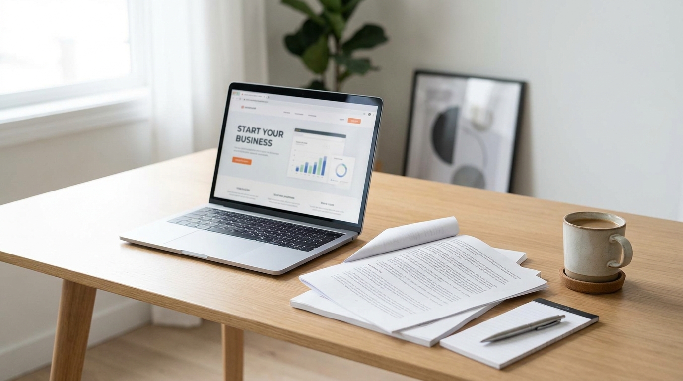 A clean desk setup with a laptop showing a business formation website, legal papers, and a coffee cup, symbolizing organized business setup.