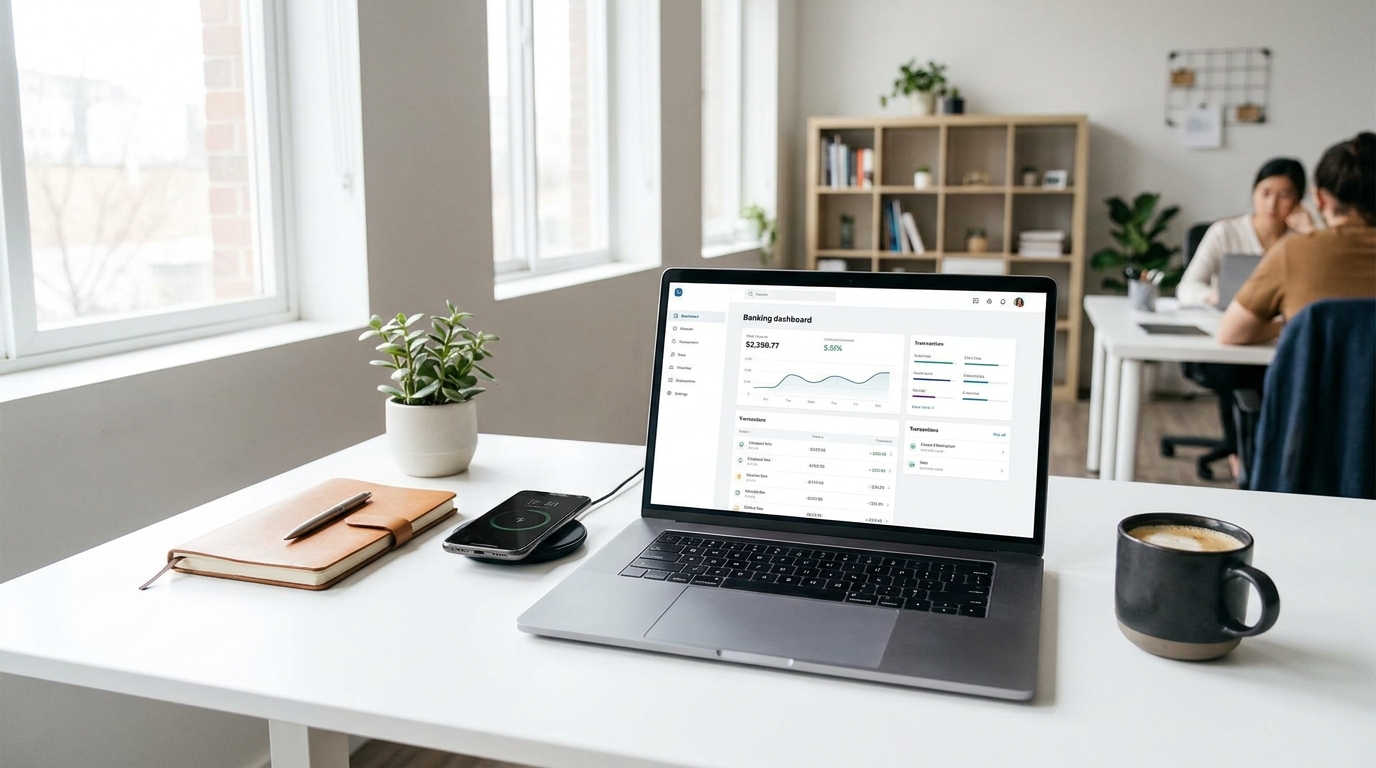 A laptop showing an online banking dashboard, a smartphone, and a coffee cup on a modern desk, symbolizing digital business finance.