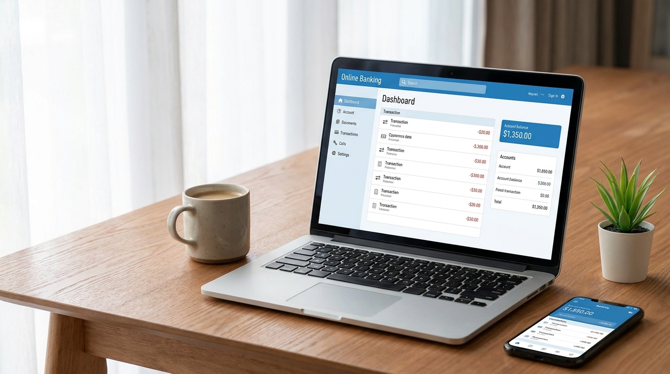 A laptop showing an online business banking dashboard next to a smartphone displaying a mobile banking app, symbolizing efficient digital financial management.