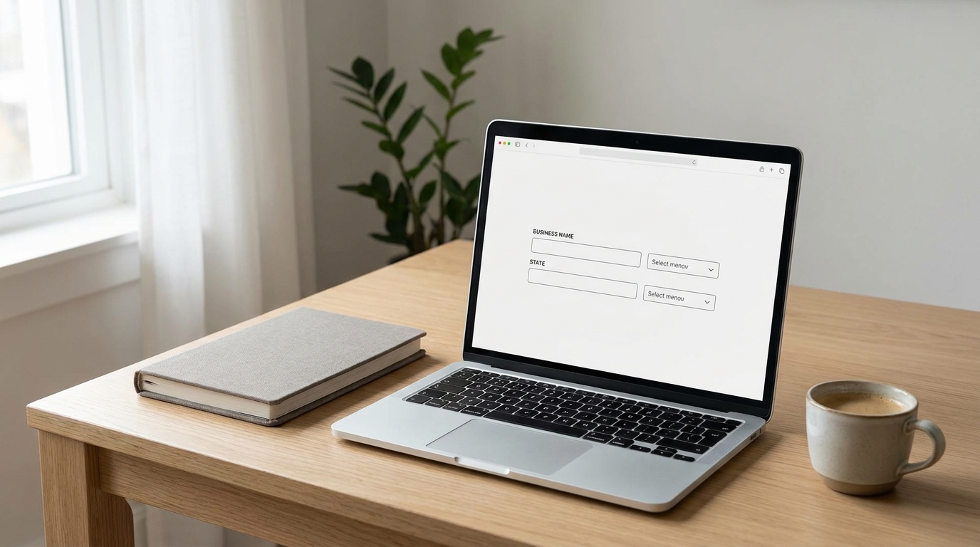 A laptop on a clean desk displaying an online LLC formation application, symbolizing the digital process of starting a business.