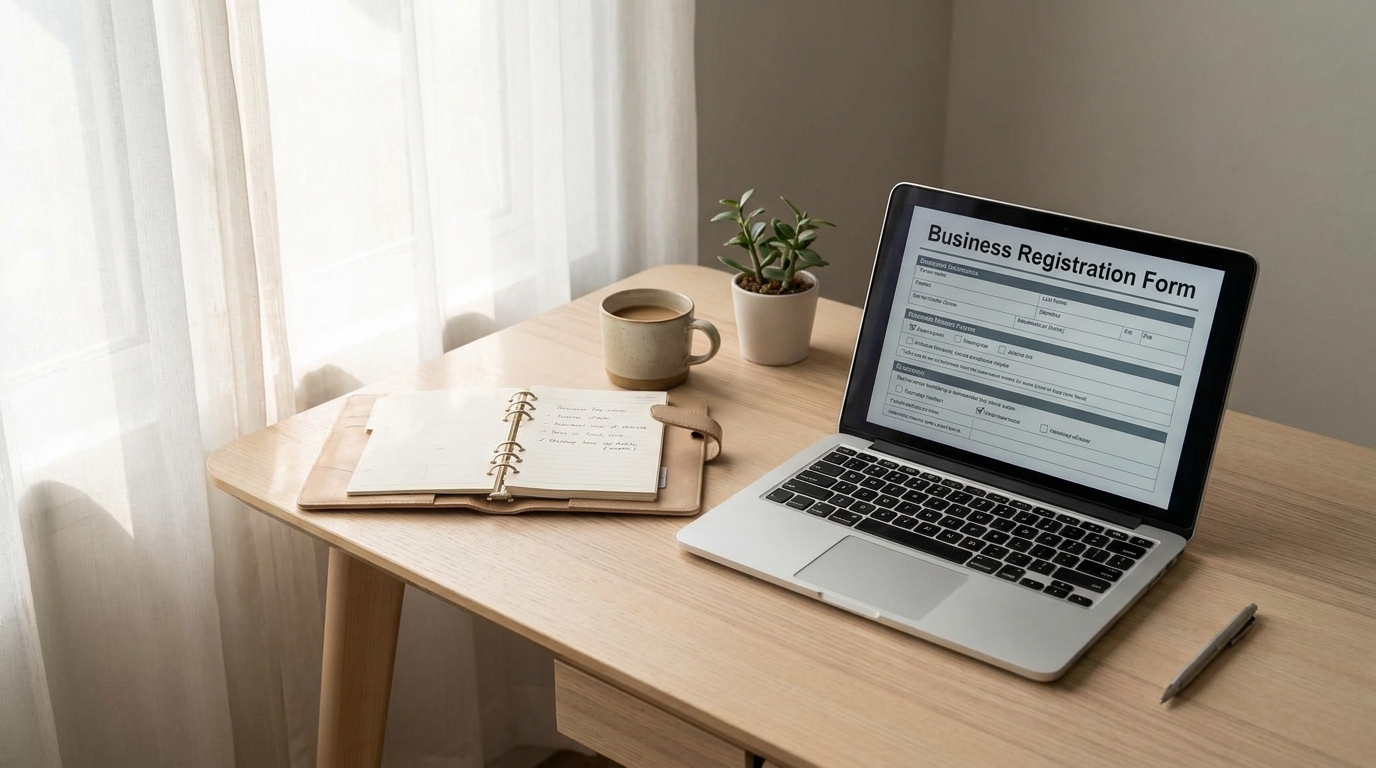 A laptop displaying an LLC formation website, surrounded by a planner and coffee, symbolizing a founder's journey.