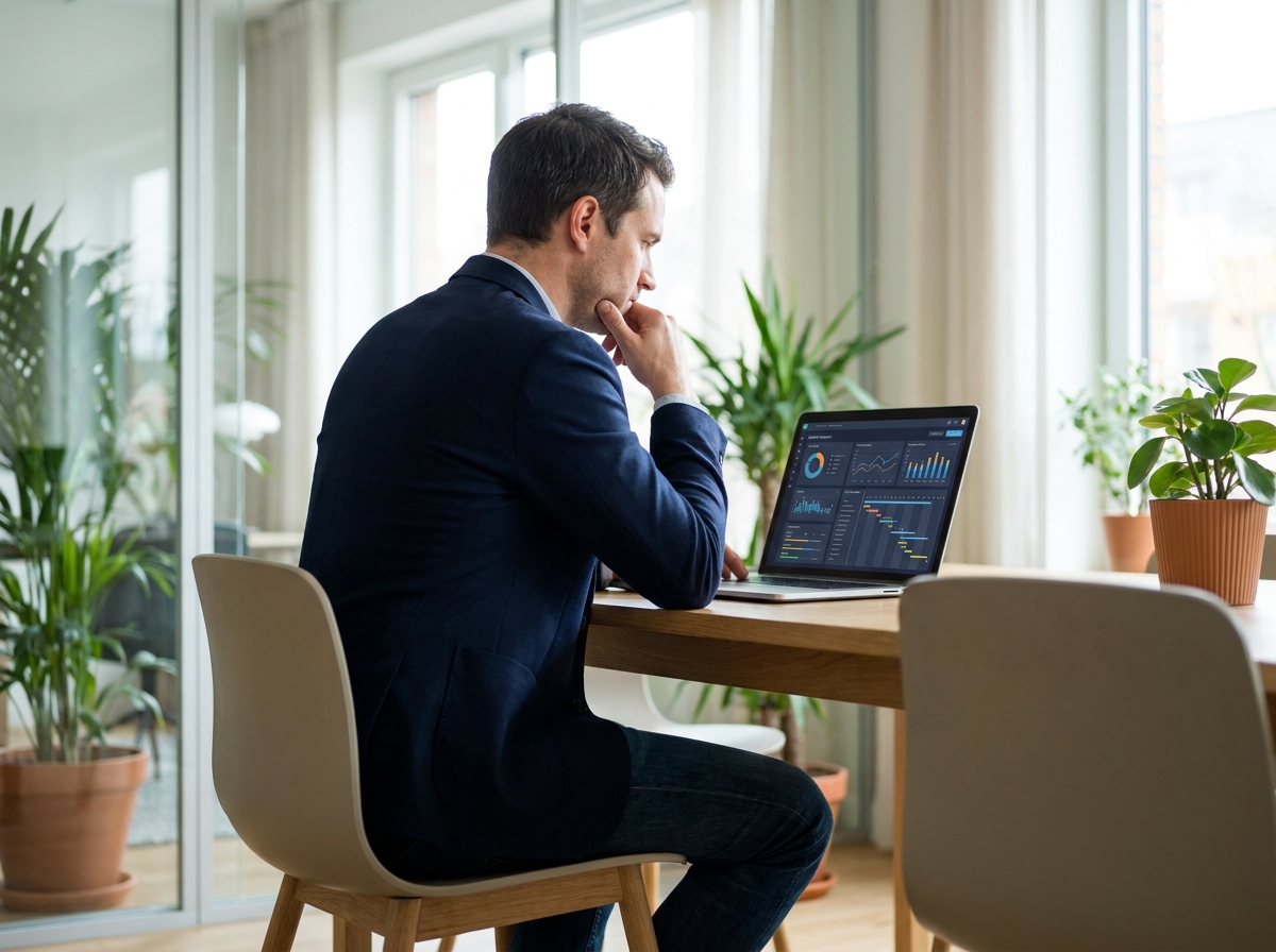 A founder looking thoughtfully at a laptop screen with various business diagrams and charts, implying a strategic decision-making process. The setting is a clean, modern desk.