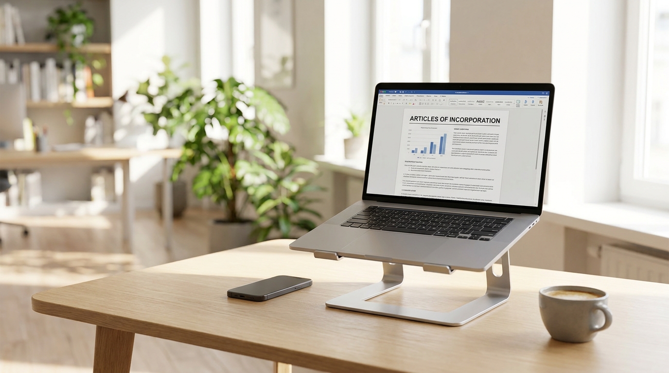 A laptop screen showing an LLC formation application, surrounded by business essentials on a modern desk.
