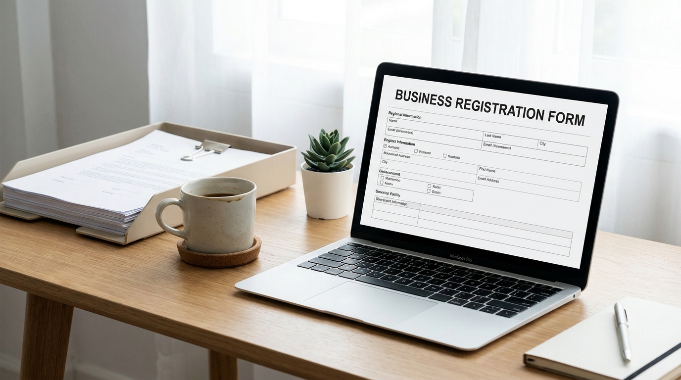 A laptop displaying an LLC formation website, surrounded by business documents and a coffee cup, symbolizing efficient company setup.