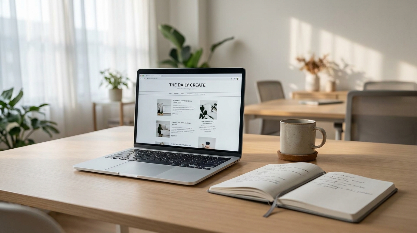 A clean desk with a laptop open to a blog, a notebook, and a coffee mug, symbolizing the professional side of blogging.