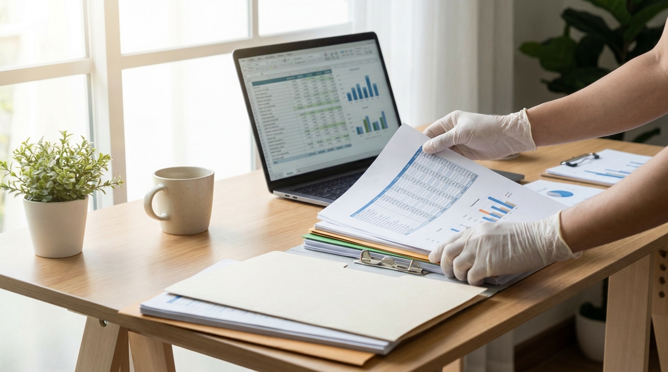 Hands organizing business documents and a laptop, symbolizing financial management for an LLC.