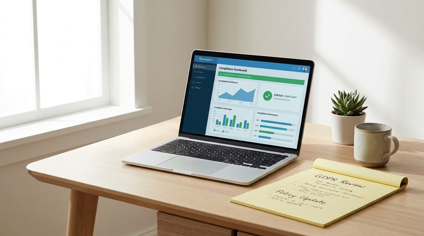 A desk with a laptop showing a compliance dashboard, a notebook, and a pen, symbolizing organized business administration.
