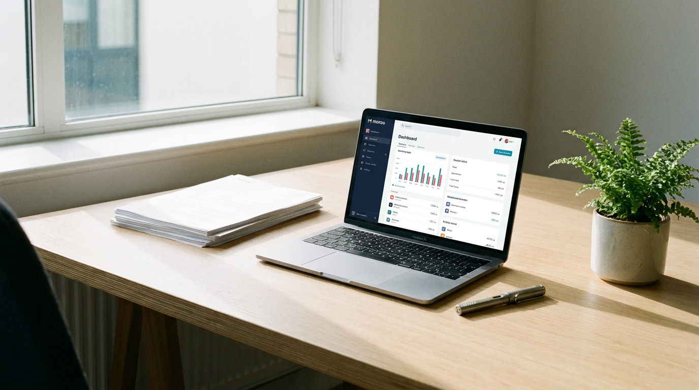 A clean desk setup with a laptop showing a business banking interface and essential documents, symbolizing financial organization for an LLC.