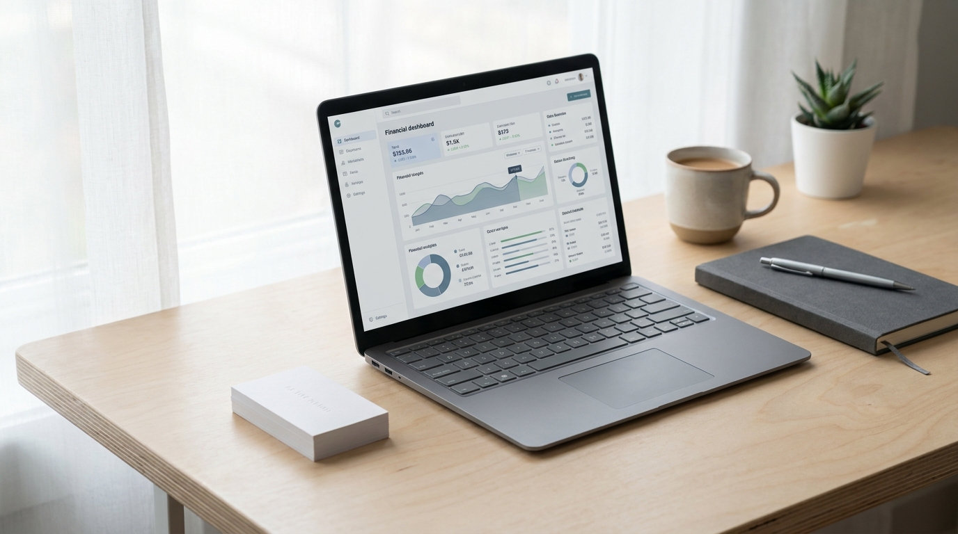 A modern desk with a laptop showing financial data, a pen, and a notebook, symbolizing organized business finances.