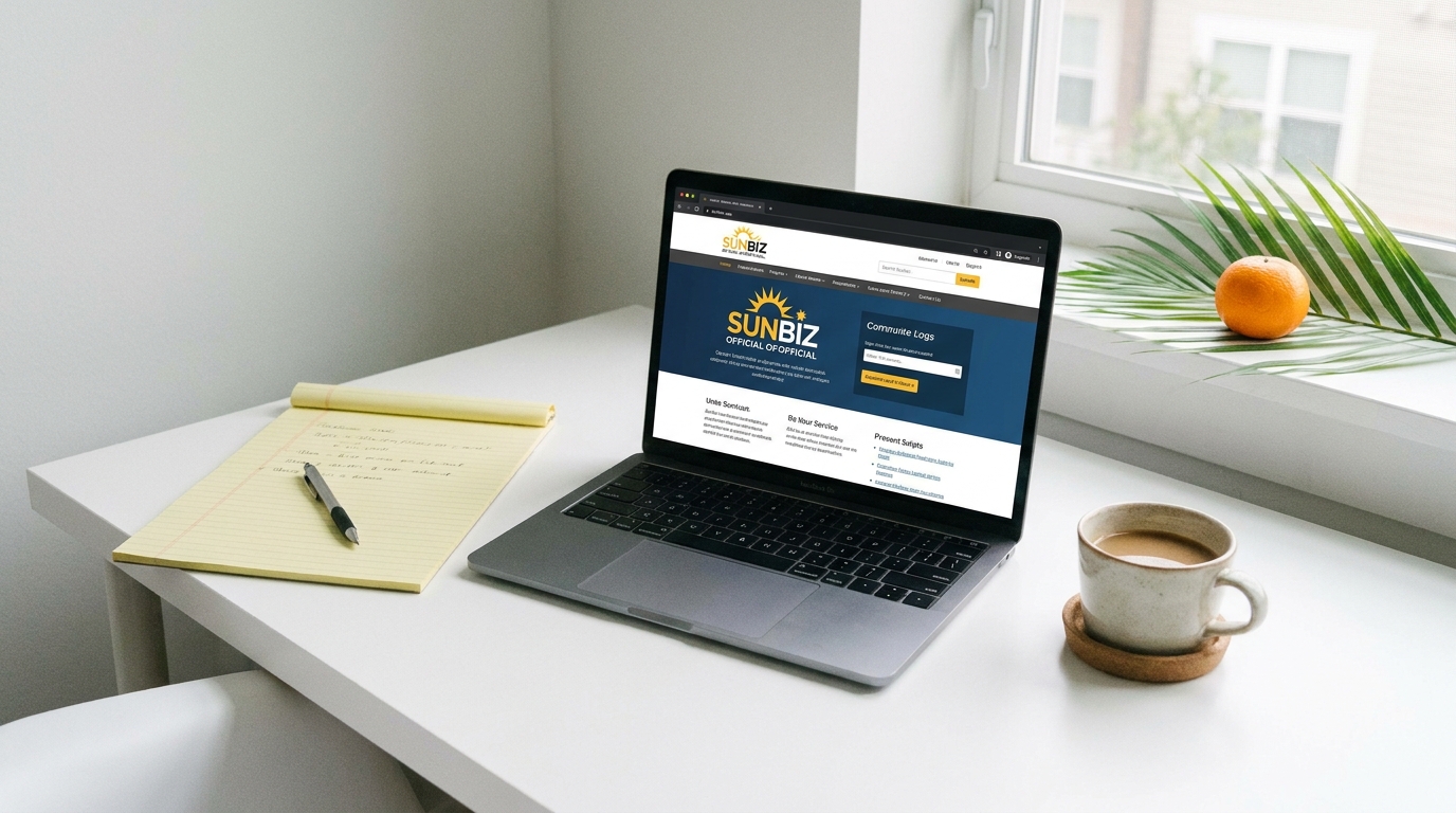 Laptop displaying the Florida Division of Corporations website, surrounded by business notes and a coffee cup, illustrating a diligent business name search.