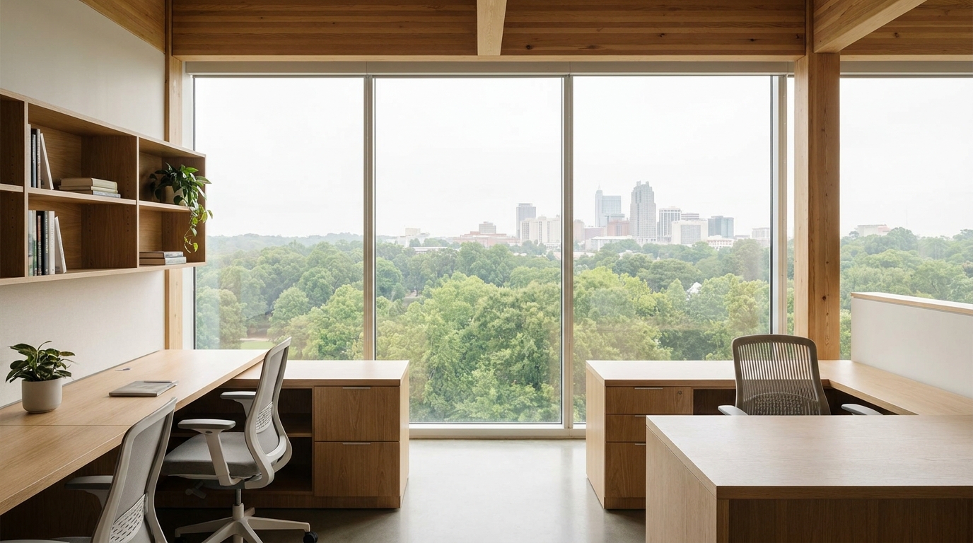 A sunlit modern office in Raleigh, North Carolina, overlooking a leafy cityscape.