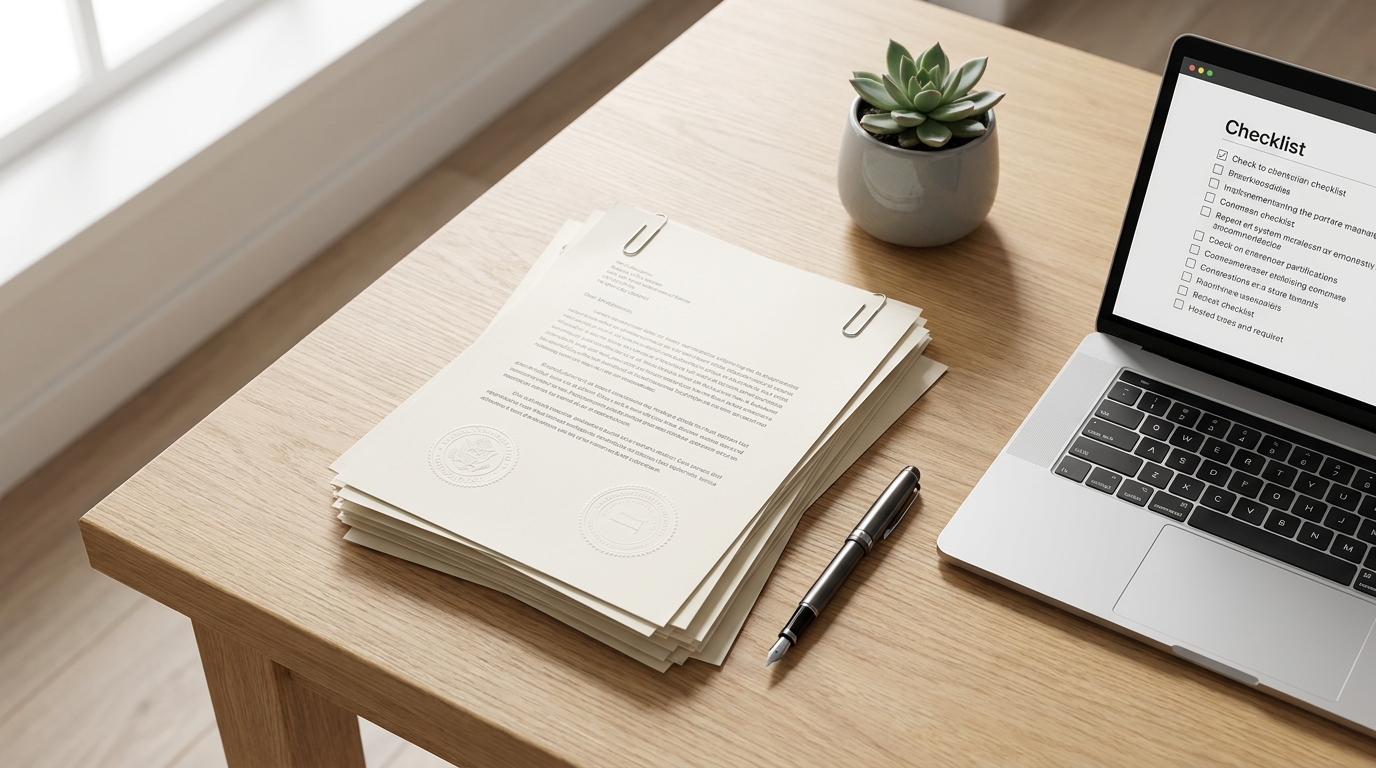 A desk with a laptop, fountain pen, and stack of business documents, symbolizing the process of obtaining licenses and permits.