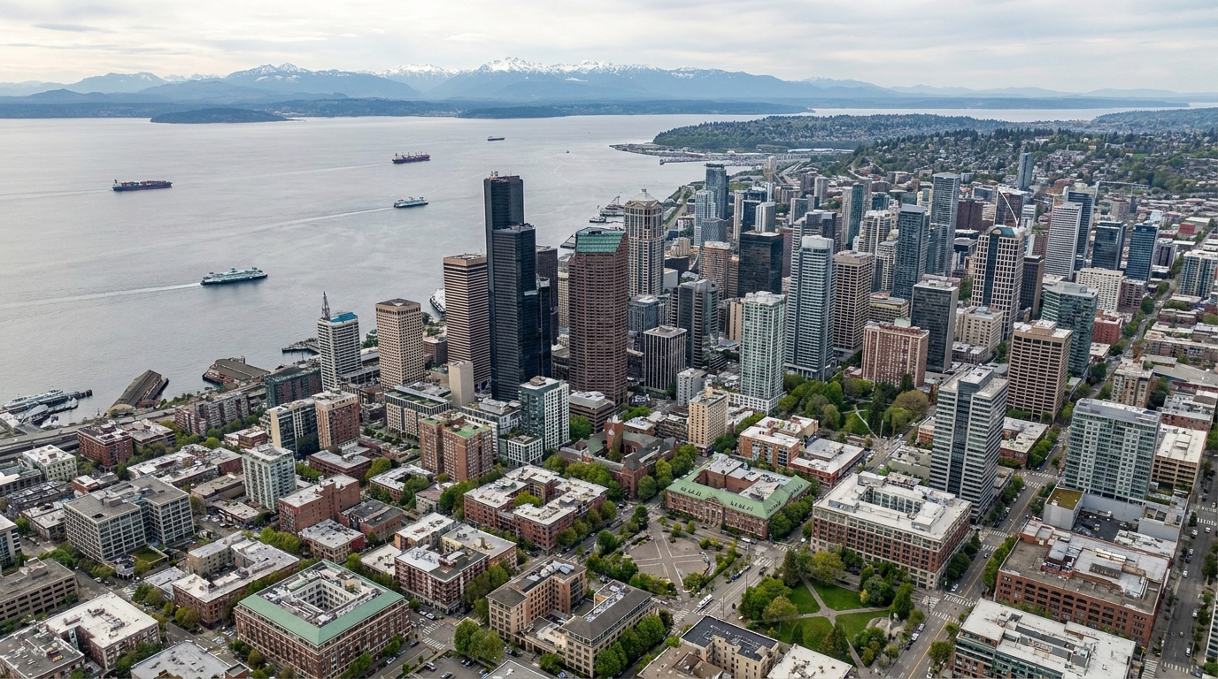 Aerial view of downtown Seattle with the Puget Sound and Olympic Mountains, illustrating Washington State's dynamic business environment.
