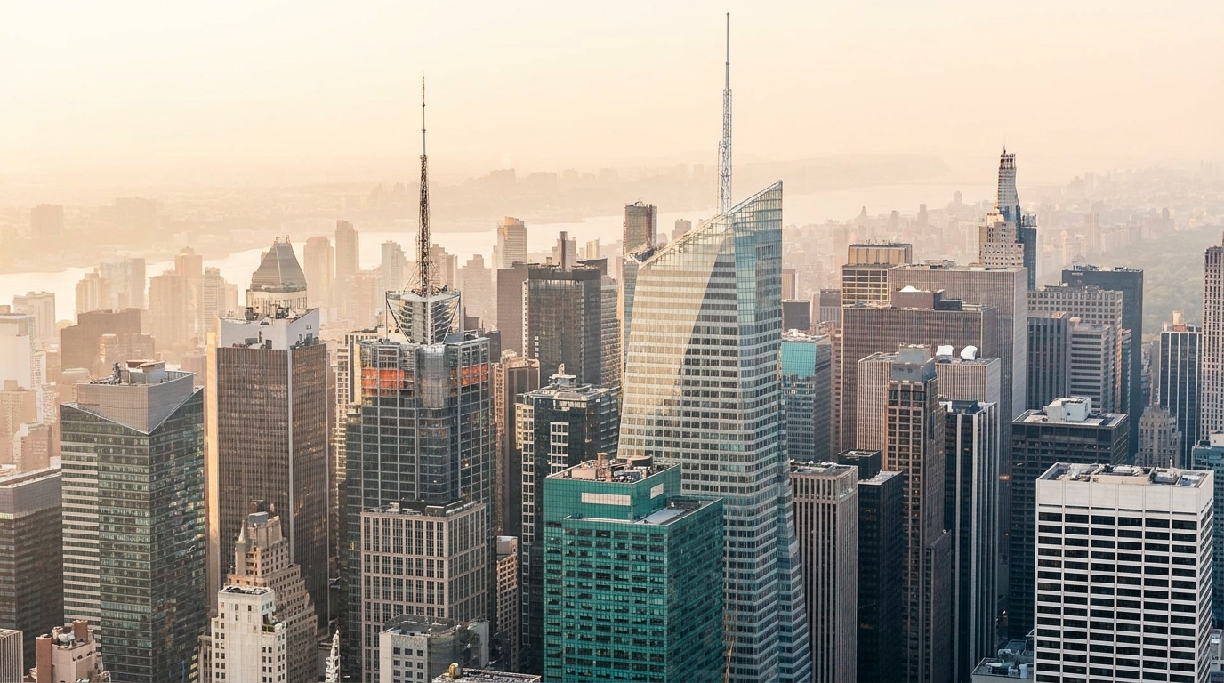 New York City skyline at dawn, showcasing modern architecture and the vibrant urban landscape.