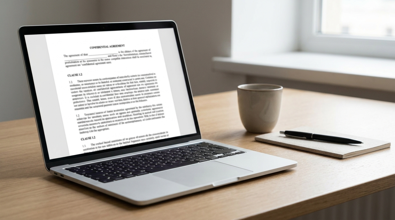 A laptop screen showing a legal document, a pen, and a coffee cup on a modern desk, symbolizing business documentation.