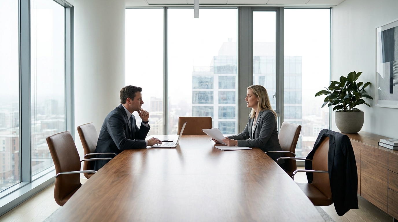 Two business partners discussing documents at a conference table, symbolizing a partner buyout in an LLC.