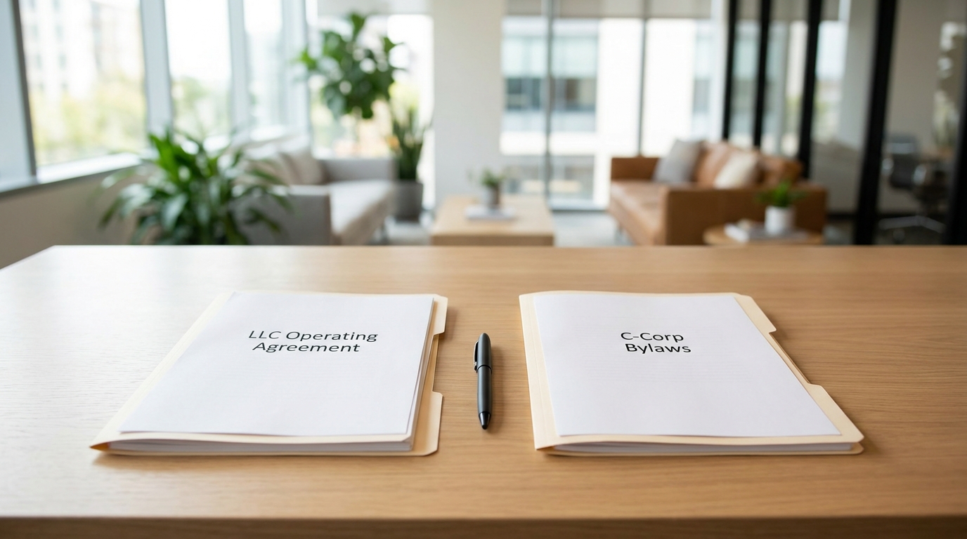 Two legal documents, 'LLC Operating Agreement' and 'C-Corp Bylaws', laid out on a desk, symbolizing the choice between business structures.
