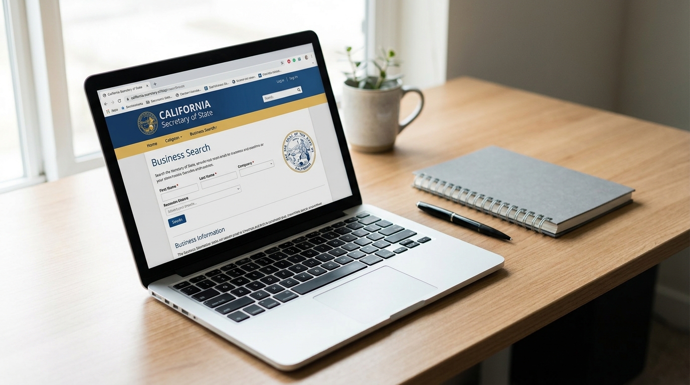 A laptop screen showing the California Secretary of State's business search page, with a notebook and pen nearby, symbolizing due diligence and research.
