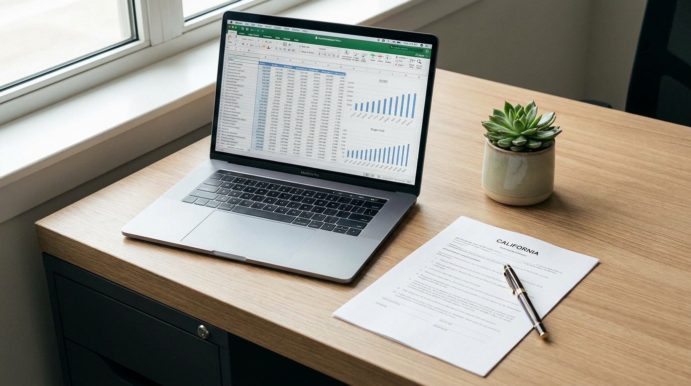 A desk with a laptop showing financial data, a California LLC document, and a pen, symbolizing organized business planning.
