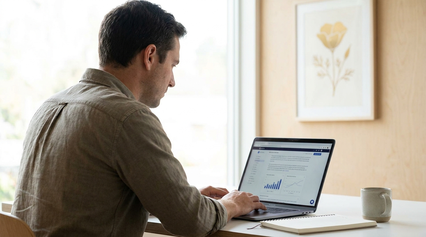 A person reviewing business license requirements on a laptop, with a subtle California aesthetic in the background.