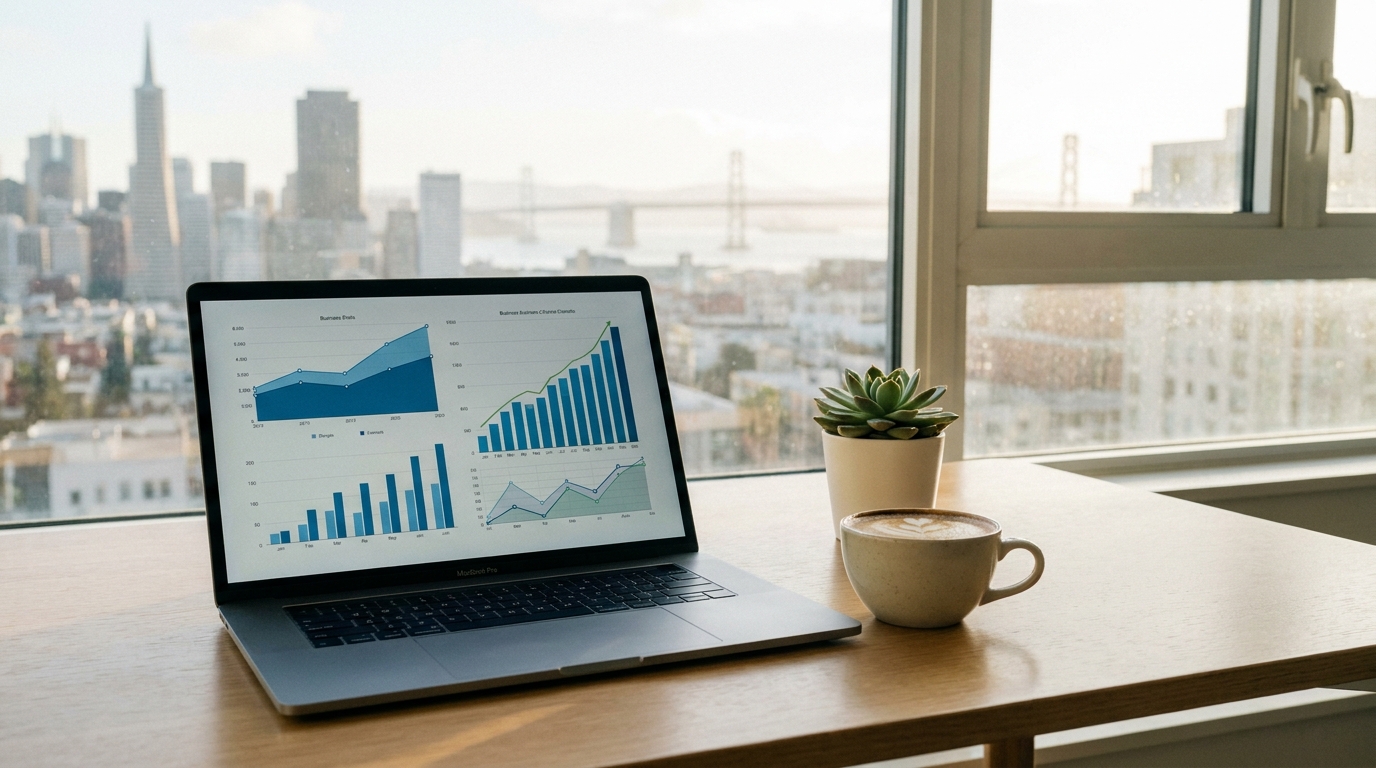A clean desk with a laptop showing business growth, a coffee cup, and a plant, set against a blurred California city skyline.