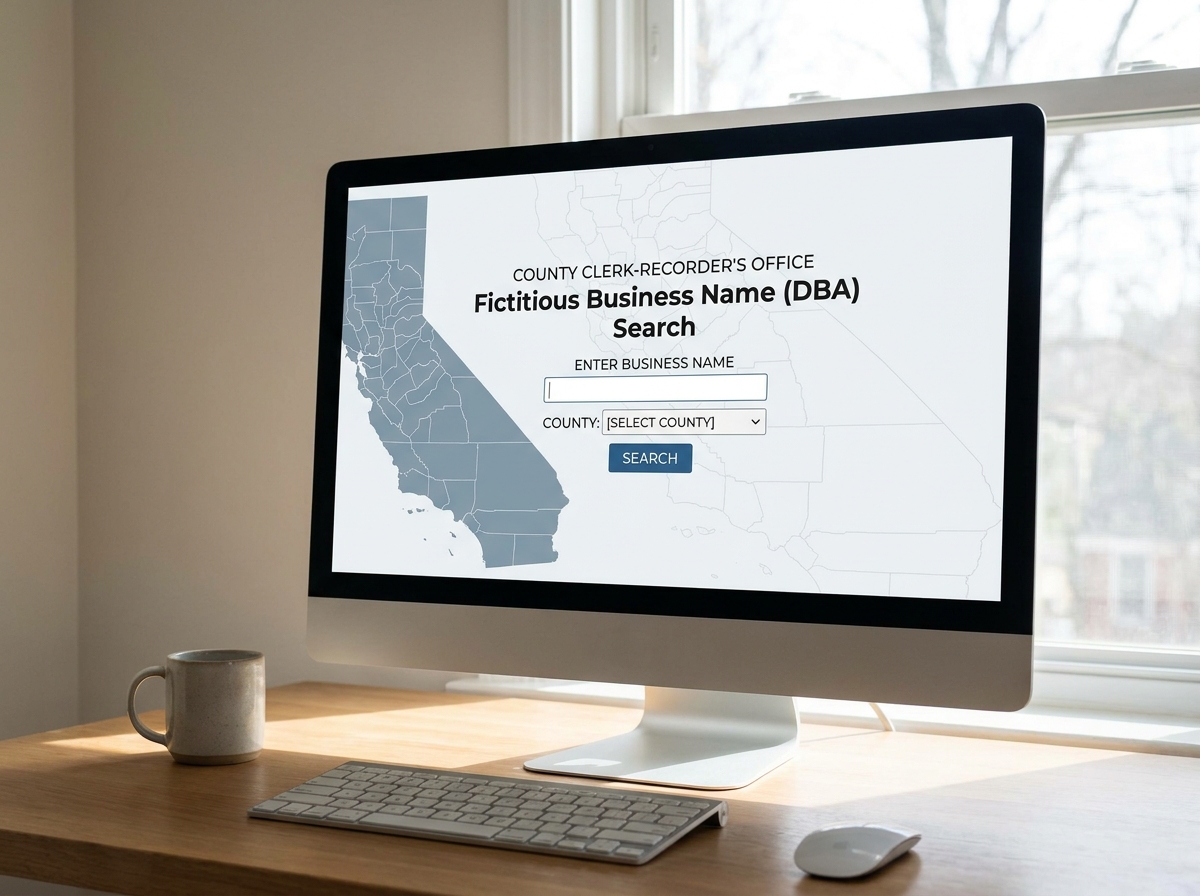 A close-up of a computer screen showing a county clerk's website for Fictitious Business Name search, with a California map in the background.