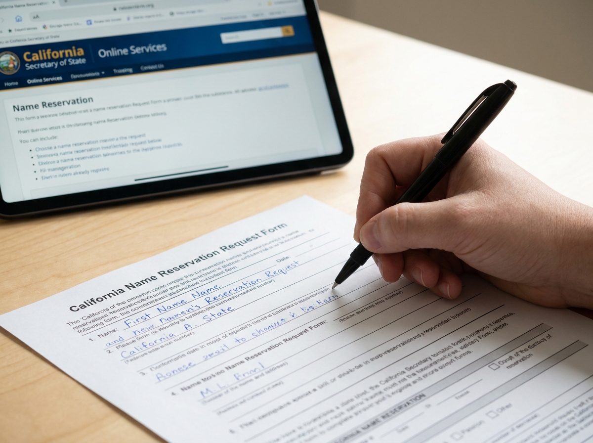 A hand filling out a California Name Reservation Request Form with a pen, next to a tablet displaying the California Secretary of State website.