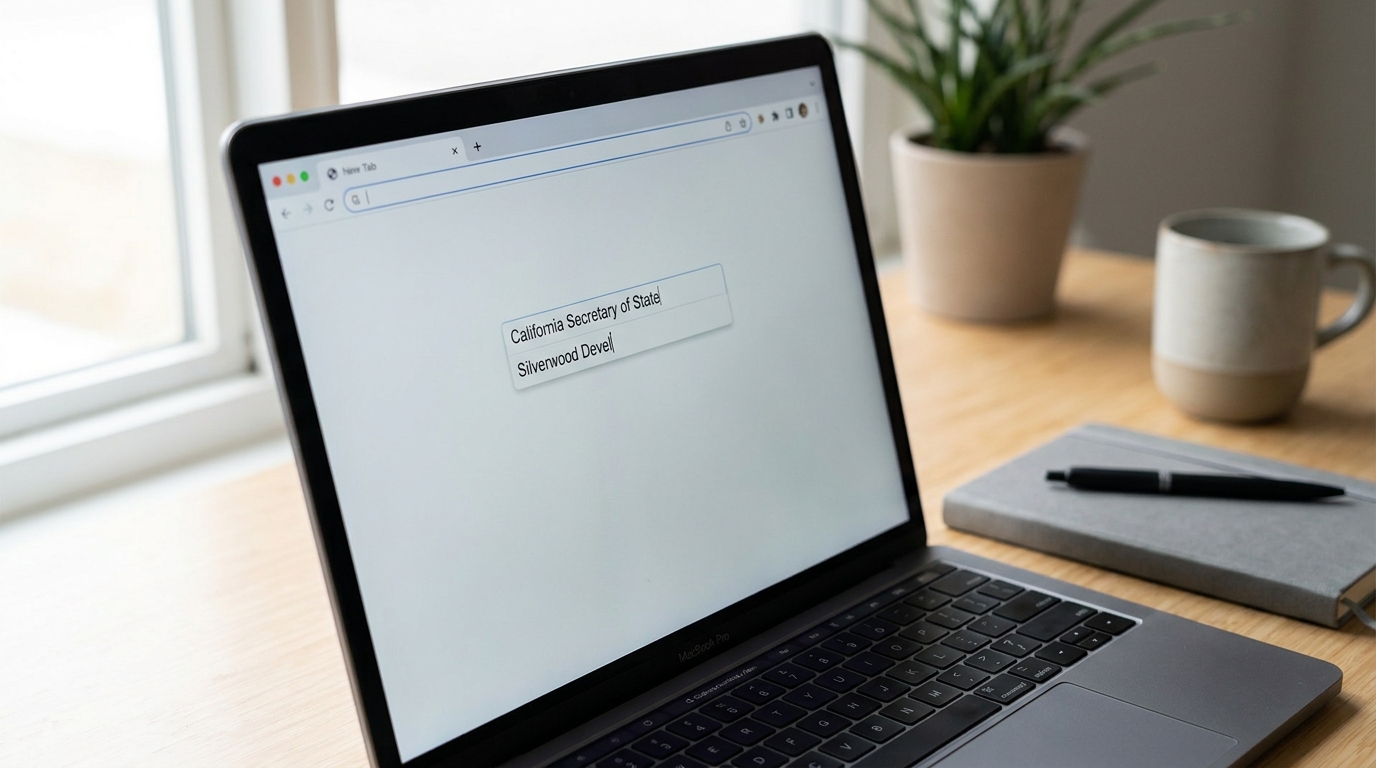 A laptop showing the California Secretary of State website for business name searches, with a notebook and pen nearby.