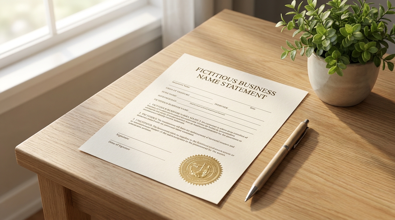 Close-up of a California Fictitious Business Name Statement form with a golden state seal, symbolizing legal business registration.