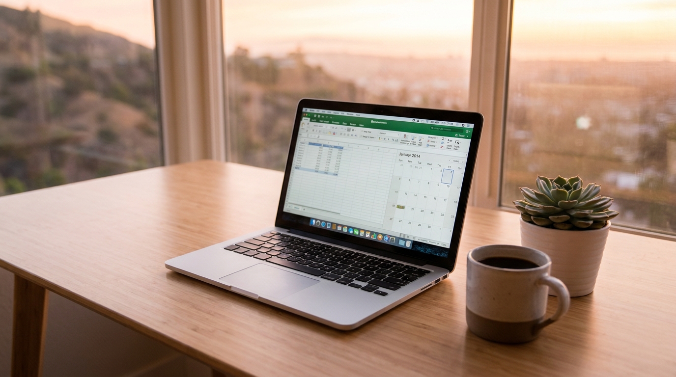 A laptop on a clean desk displaying business formation documents, with a calendar, coffee, and a plant, symbolizing the process of starting a business in California.