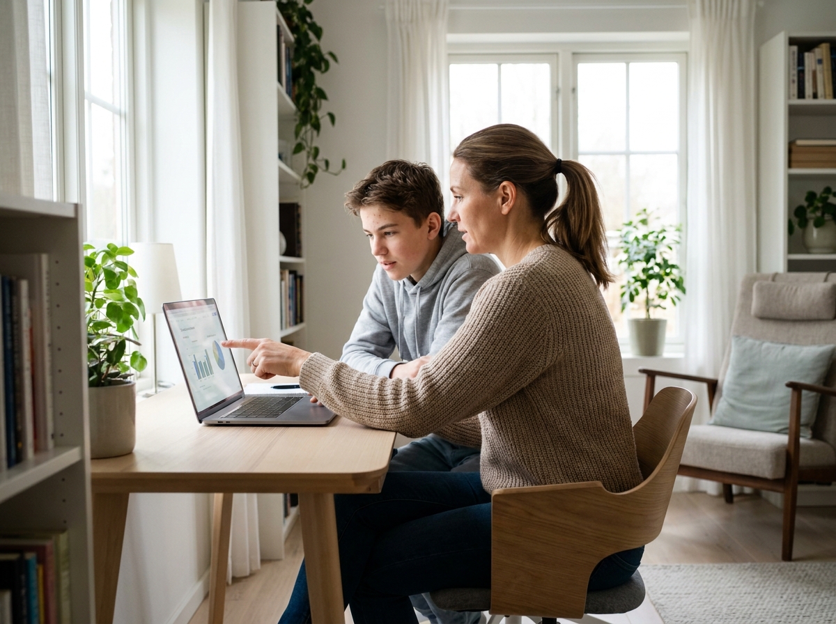 A parent and a child looking at a laptop screen together, discussing business concepts.