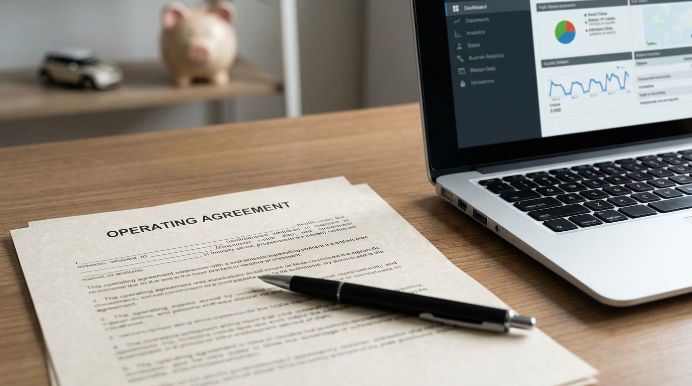 An operating agreement document, a laptop, and a piggy bank, symbolizing the legal and financial aspects of minor LLC ownership.