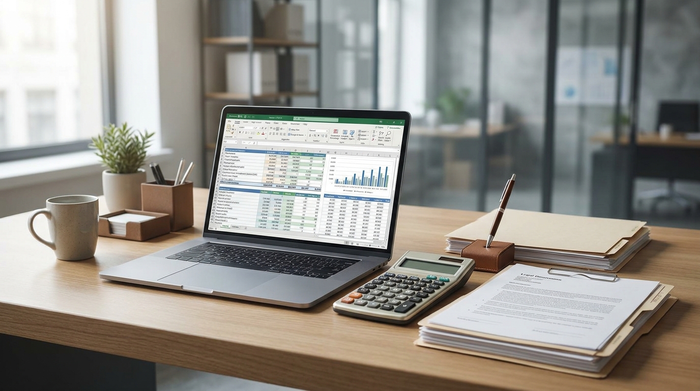 A desk with a laptop open to financial spreadsheets, legal documents, and a calculator, illustrating the complexities of business compensation.