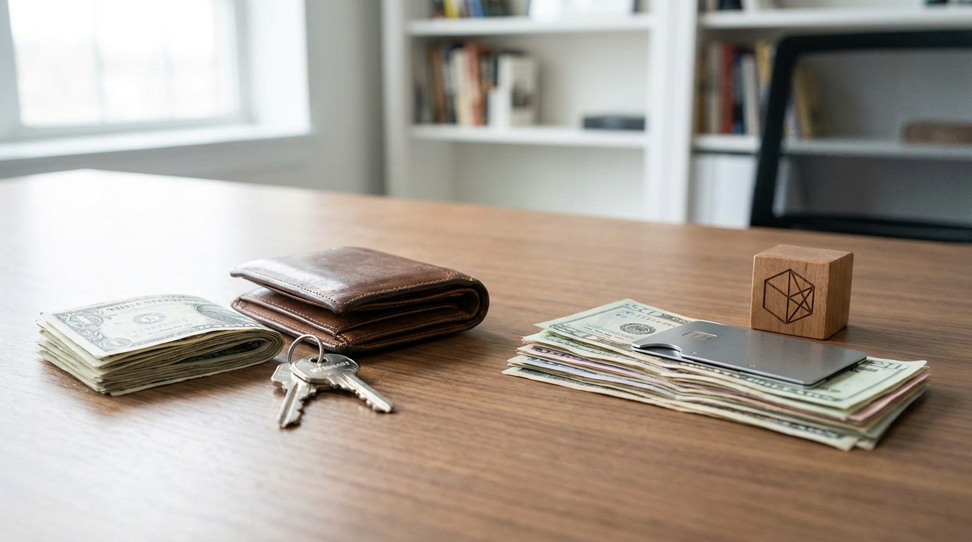 Two distinct piles of money, one labeled 'personal' with a wallet and keys, the other 'business' with a business bank card, symbolizing the separation of finances for an LLC.