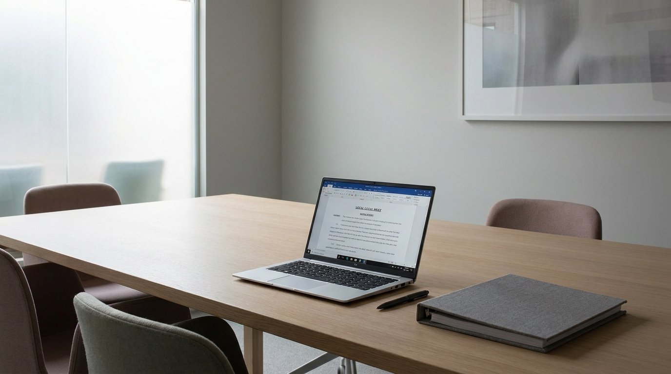 A laptop, pen, and binder on a modern conference table, symbolizing business planning and legal documentation for an LLC.
