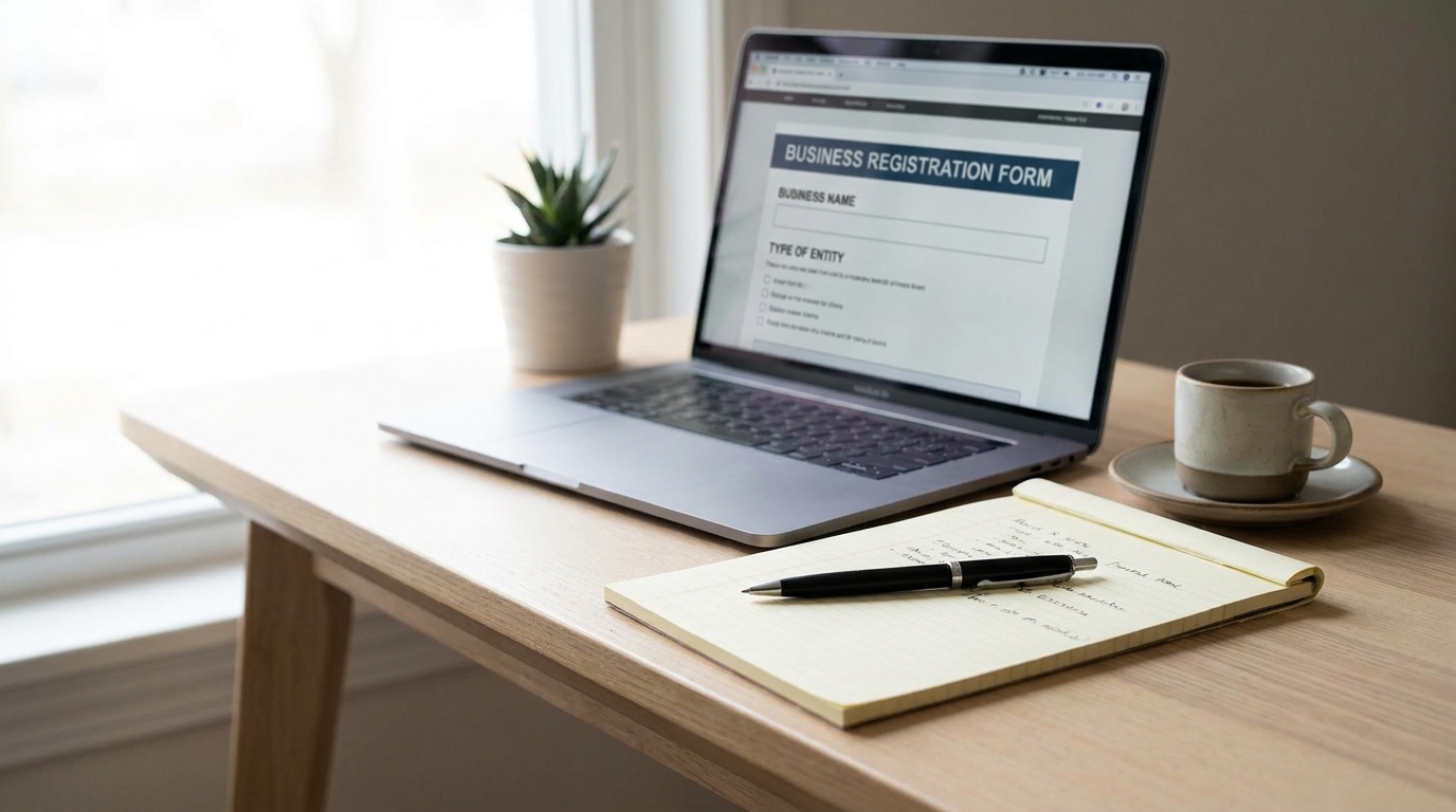 A laptop showing an LLC formation application, with a pen and legal pad nearby, symbolizing the process of business registration.