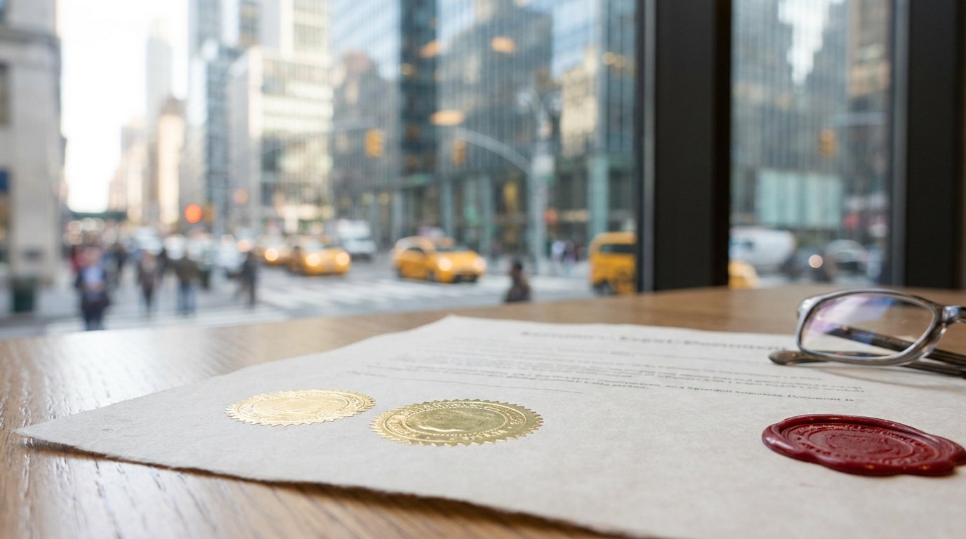 A close-up of an official LLC formation document, with seals and legal text, against a softly blurred urban background, symbolizing legal compliance and business identity.