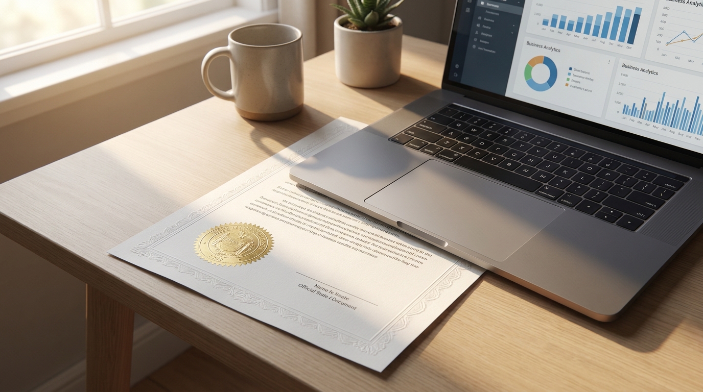 Official Texas Certificate of Good Standing document on a modern desk with a laptop, symbolizing business compliance and legitimacy.