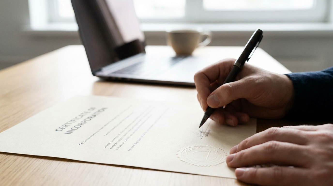 A formal document titled 'Certificate of Incorporation' with a government seal, being reviewed by a hand holding a pen on a clean, modern desk.