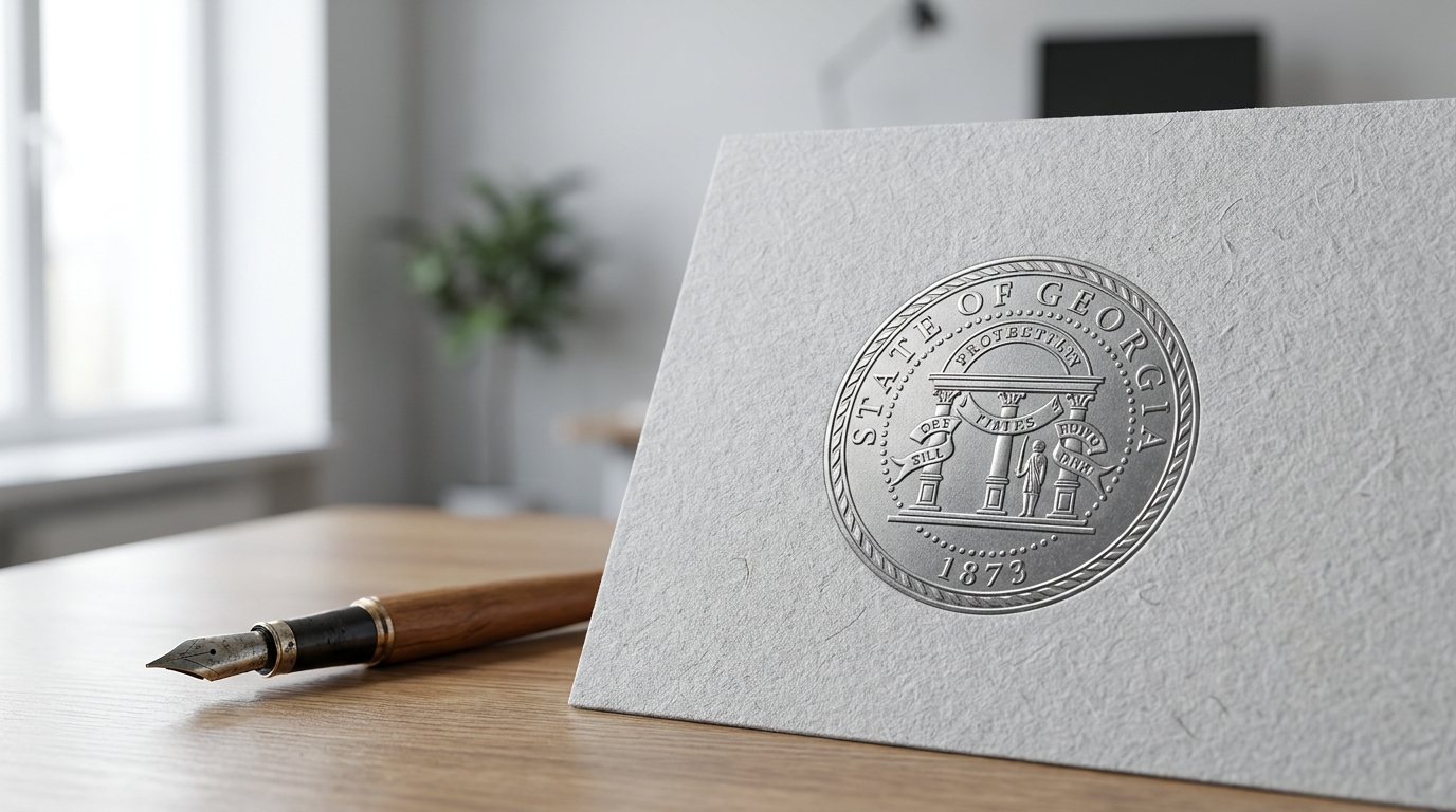 Official Georgia state seal on a document with a fountain pen, symbolizing legal business name changes.