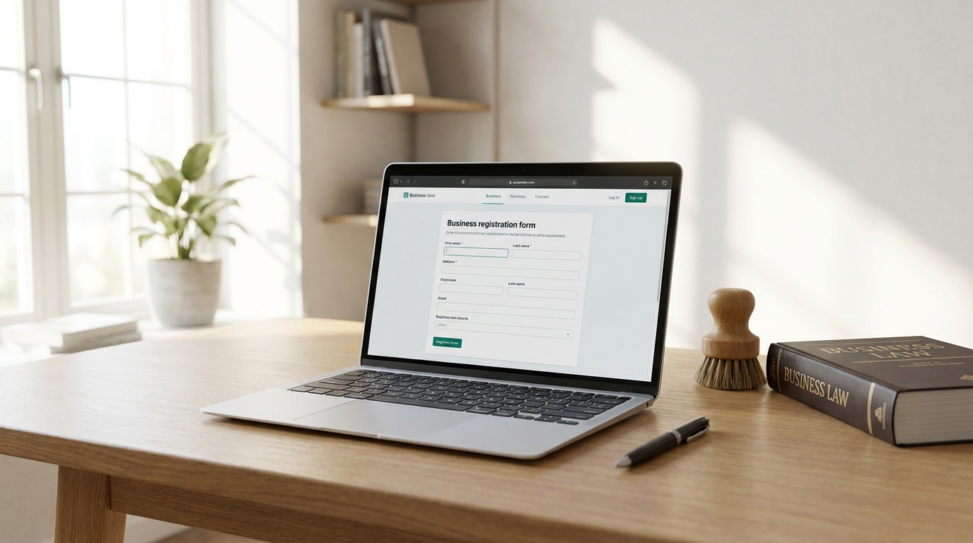 A laptop showing an LLC registration form, legal documents, and a cleaning brush on a modern desk, symbolizing the process of naming a cleaning LLC.