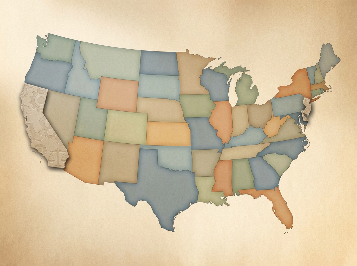 A detailed map of the United States with different states highlighted in various colors, symbolizing diverse state regulations for business formation. Different states are colored, with specific text overlays showing 'Delaware: Flexible' and 'California: 35 Shareholder Limit'.