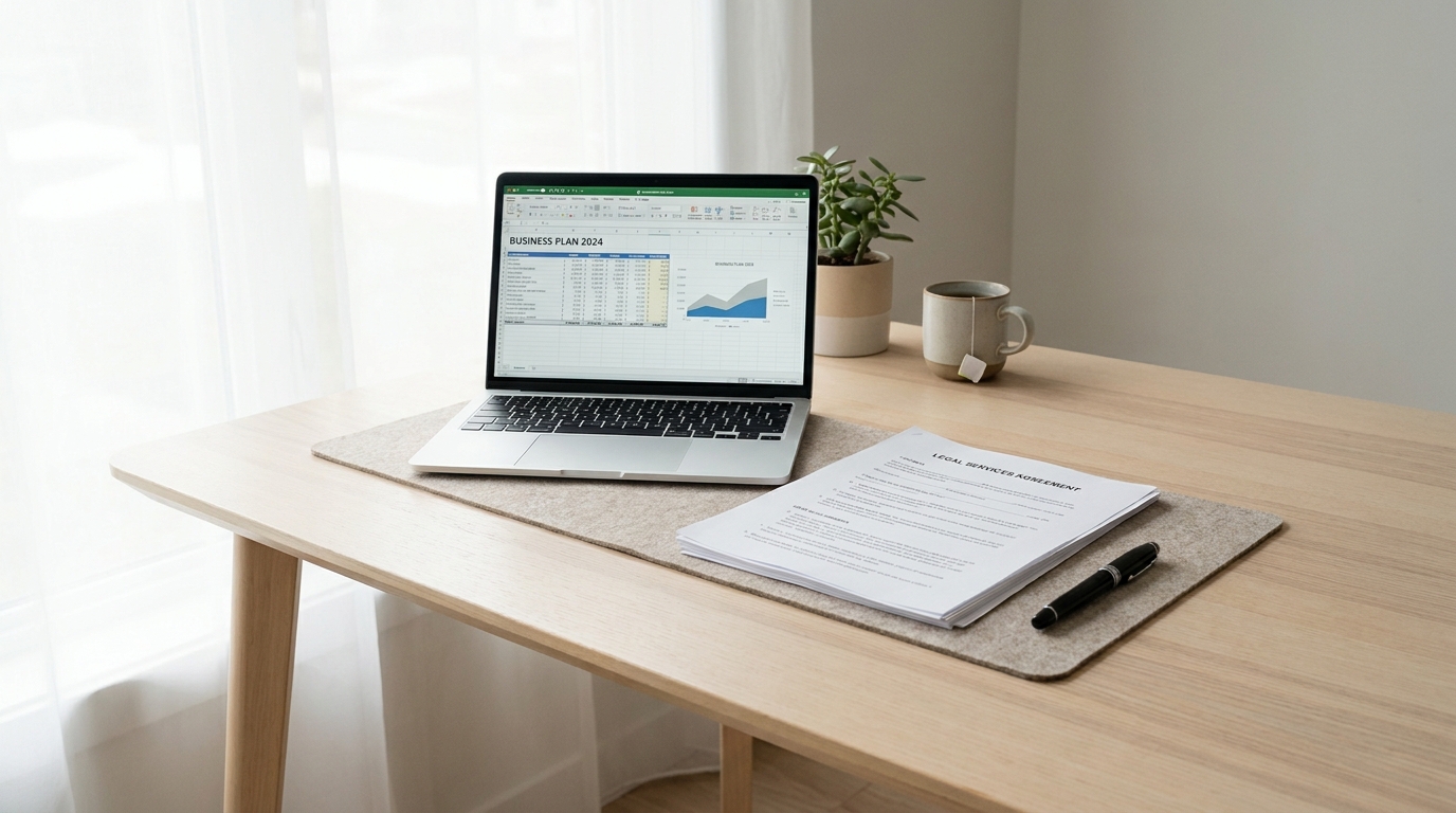 A close-up of a legal document and a laptop on a modern desk, representing business formation and planning.