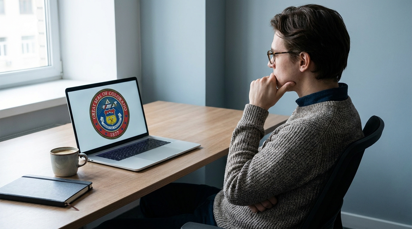 A person conducting a business name search on a laptop, with a Colorado state seal visible on screen, representing the process of checking name availability.