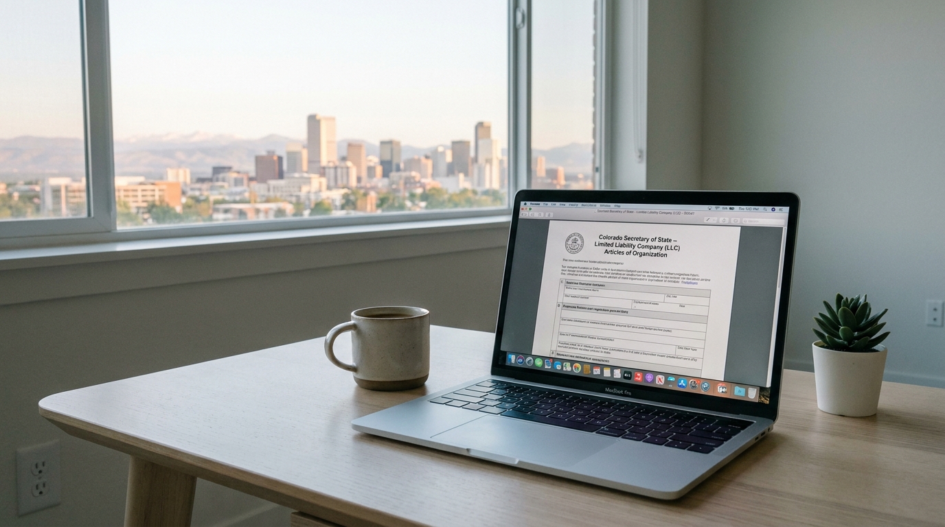 A laptop showing a business registration form, with a coffee cup and succulent on a desk, overlooking a blurry Denver skyline.
