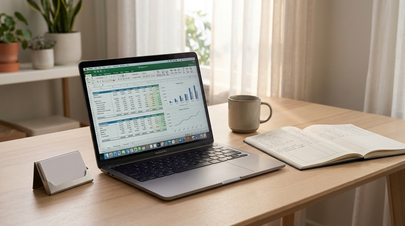 A well-organized desk with a laptop showing financial data, a physical accounting ledger, and a business card holder, symbolizing proper financial separation for an LLC.