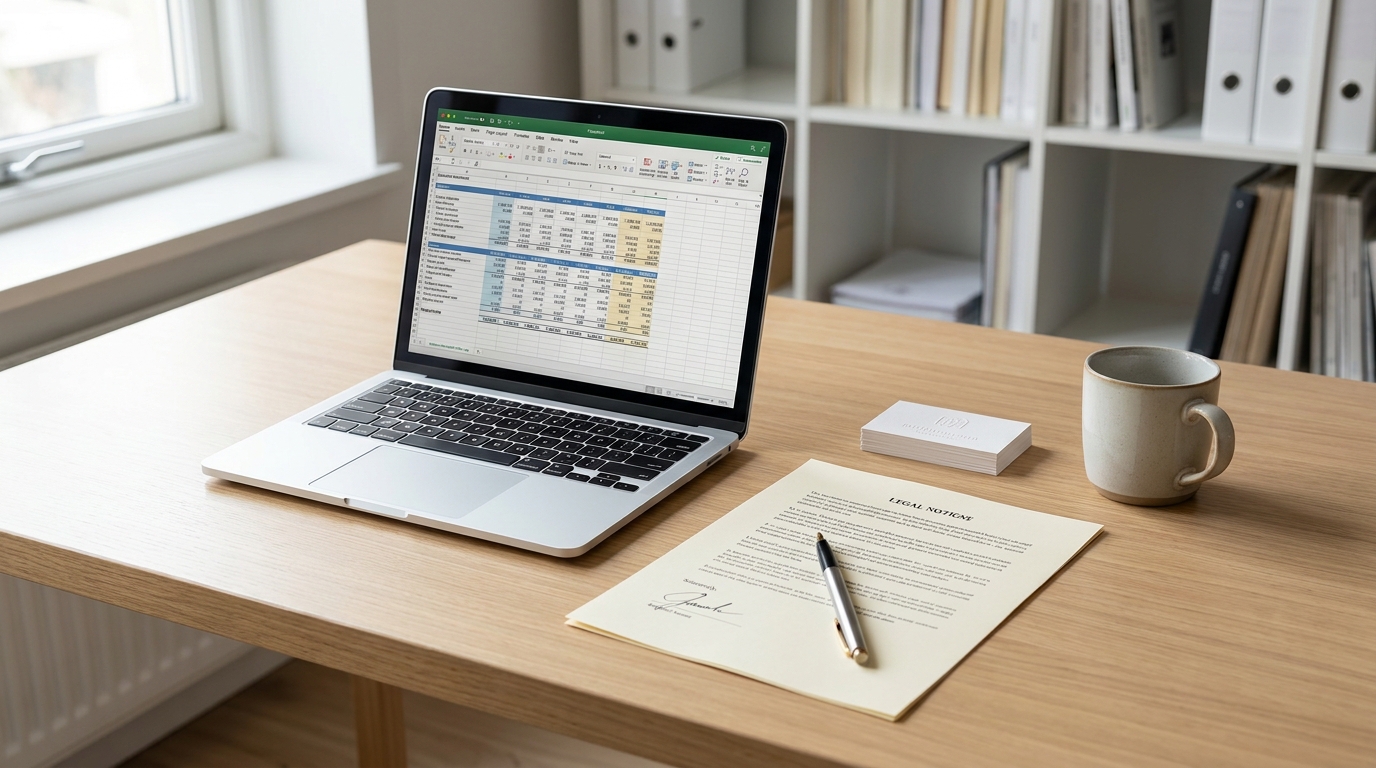 A desk with a laptop, legal documents, and business cards, symbolizing business compliance and organization.